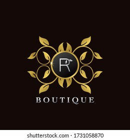 Golden R Letter Luxury Frame Boutique Initial Logo Icon, Elegance logo letter design template for luxuries business, boutique, fashion, and more business identity