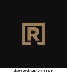 Golden "R" letter monogram with cut square. R letter logo. 