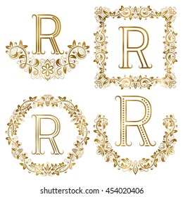 Golden R letter ornamental monograms set. Heraldic symbols in wreaths, square and round frames.