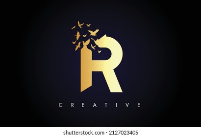 Golden R Logo Letter with Flying Flock of Birds Disintegrating from the Letter. R Gold Texture Letter with Bird Fly Letter Icon.