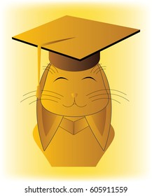 Golden rabbit bust in graduation cap and costume, on yellow background