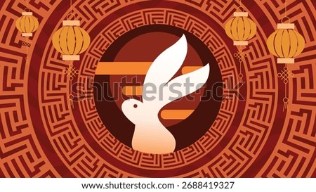 Golden rabbit design inside circular oriental pattern with lanterns
