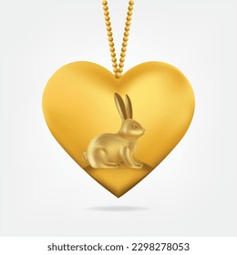 Golden rabbit in a heart-shaped necklace