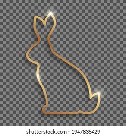 Golden rabbit shaped frame with shadows and highlights isolated on a transparent background.