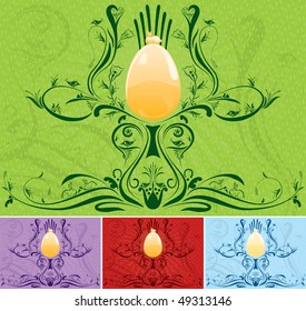 golden rabbit sitting on golden egg. Floral design near the egg looks like a cup. Color of design can be change by 4 key colors