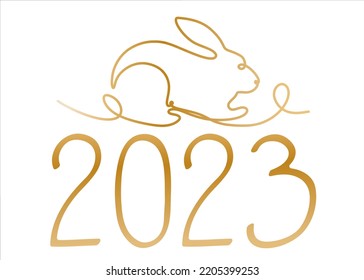 Golden rabbit symbol of the new year in a linear style. Cute rabbit with numbers 2023. Chinese New Year card. Vector holiday illustration.