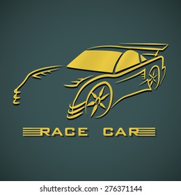 The golden of race car logo hand draw on blue-green gradient background.(EPS10 art vector)