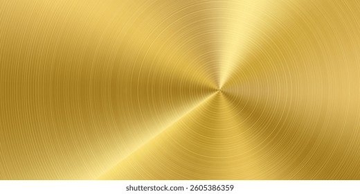 Golden radial gradient. Gold color circle effect. Holographic metal texture background. Polished brass finish vector foil. Bronze nickel alloy circular brushed plate. Material surface metallic sheet
