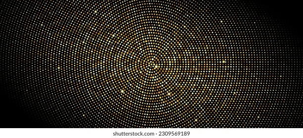 Golden radial halftone background. Gold glitter confetti wallpaper. Retro dotted circles pattern. Design template for banner, flyer, poster, presentation. Vector luxury illustration 