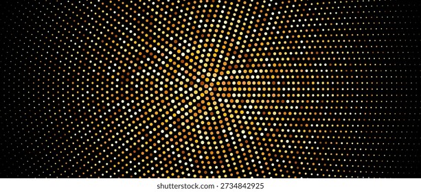 Golden radial halftone gradient. Round pop art comic glitter backdrop texture. Gold dotted pattern background. Yellow confetti wallpaper for banner, poster, flyer, party decor, presentation. Vector