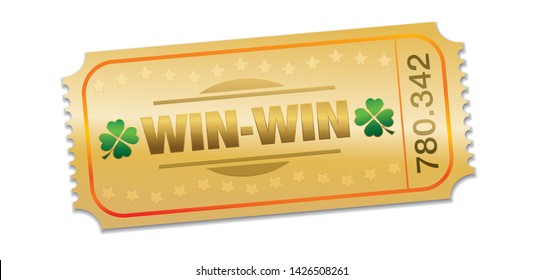 Golden raffle ticket with win win situation prize. Single strip ticket with lucky clover, stars and winning number. Isolated vector on white background.
