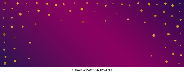 Golden Rain Anniversary Vector Panoramic Purple Background. Bright Sparkle Texture. Yellow Dot Falling Backdrop. Shine Holiday Design.