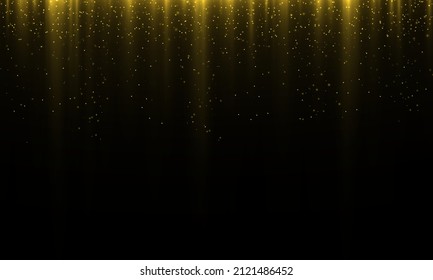 Golden rain and dust falls down. Garland lights gold glitter hanging vertical lines holiday background. Shiny gold sparkle tinsels celebration design. Golden garlands glitter with light effect. Vector