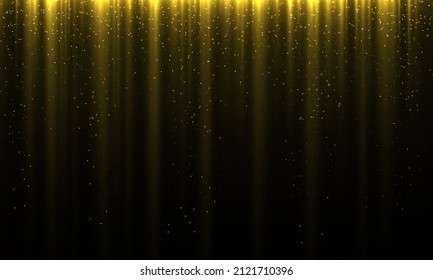 Golden rain and dust falls down. Garland lights gold glitter hanging vertical lines holiday background. Shiny gold sparkle tinsels celebration design. Golden garlands glitter with light effect. Vector