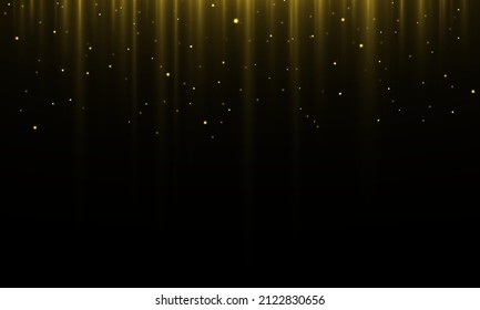 La lluvia dorada y el polvo se caen. Garland ilumina brillantes dorados colgando líneas verticales fondo de vacaciones. Diseño de brillantes botellas de oro brillantes para la celebración. Las guirnaldas doradas brillan con efecto ligero. Vector
