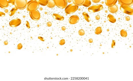 Golden rain of a lot of gold coins. Money flying and falling from the top. Luxury design element for business, finance etc. Isolated on transparent background. Vector realistic 3d illustration