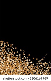 Golden Rain Shiny Vector Black Background. Glamour Star Illustration. Gold Confetti Falling Banner. Glow Golden Backdrop.