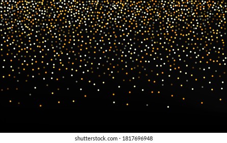 Golden Rain Transparent Black Background. Happy Glow Postcard. Gold Round Falling Design. Dot Effect Wallpaper.