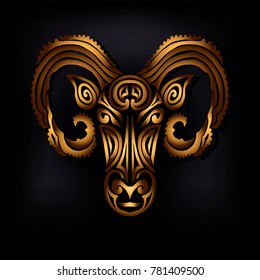 Golden Ram head logo isolated on black background. Stylized Maori face tattoo. Golden Sheep mask. Symbol of Chinese Horoscope by years. The Golden Fleece. Vector illustration.
