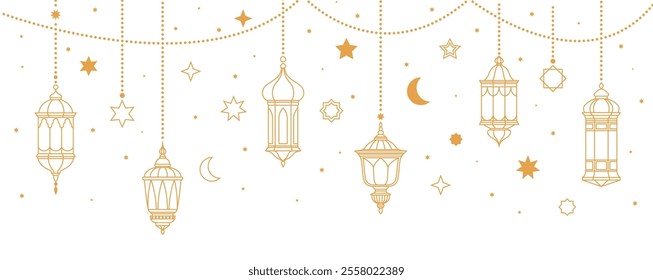 Golden Ramadan arabian lanterns and lamps. Ramadan Kareem Eid Mubarak islam religion holiday vector background with gold line hanging lanterns, muslim crescent moon, arabian lamps and stars garland