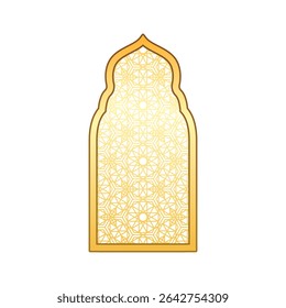 Golden Ramadan, Eid Mubarak decorative arch frame. Traditional Islamic window or gate door shape with arabesque pattern in oriental style. Vintage Arabic Muslim mosque architecture vector design