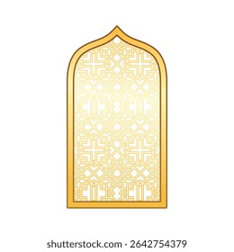 Golden Ramadan, Eid Mubarak decorative arch frame with arabesque pattern in oriental style. Traditional Islamic window or gate door shape. Vintage Arabic Muslim mosque architecture vector design