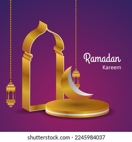 golden ramadan kareem background with lantern, podium, moon and gate. islamic vector illustration