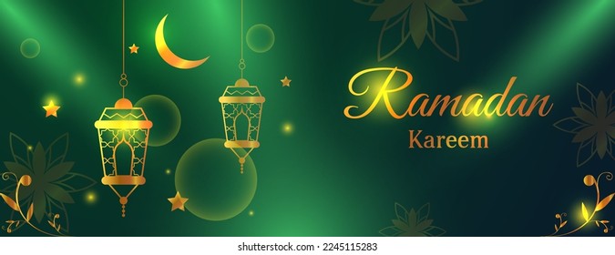 golden ramadan kareem banner with lantern, moon and flower on green background