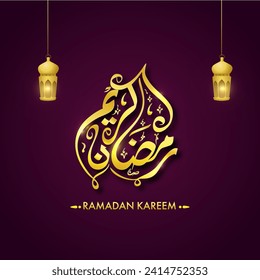 Golden Ramadan Kareem Kalligrafie mit Lit Lanterns Hang auf violettem Hintergrund für das Konzept der islamischen Festspiele Feiern.