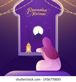 Golden Ramadan Kareem Font With Back View Of Muslim Woman Looking Out From Window And Lit Lanterns On Full Moon Purple Silhouette Mosque Background.