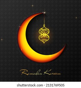 Golden Ramadan Kareem Font With Glowing Orange Crescent Moon And Linear Lantern Hang On Black Rhombus Pattern Background.