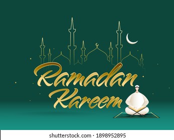 Golden Ramadan Kareem Font With Muslim Man Reading A Quran Book, Crescent Moon And Line Art Mosque On Teal Background.