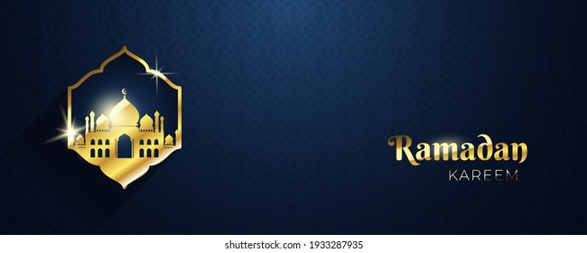 Golden Ramadan Kareem greeting banner. Luxurious Islamic greeting card with glowing mosque. Illustration of a mosque in Arabic frame