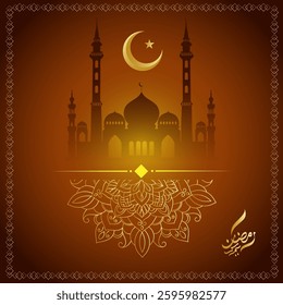 Golden Ramadan Kareem Greeting, Ornate Mosque Silhouette, Crescent Moon and Star, Intricate Mandala, and Arabic Text Ramadan Kareem for Spiritual and Festive Celebrations.