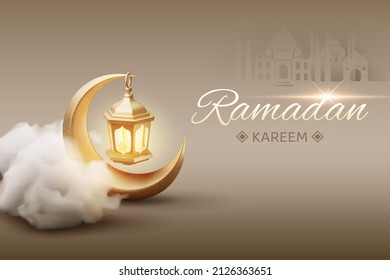 Golden ramadan kareem lantern hang on crescent moon. Eps 10 Vector.