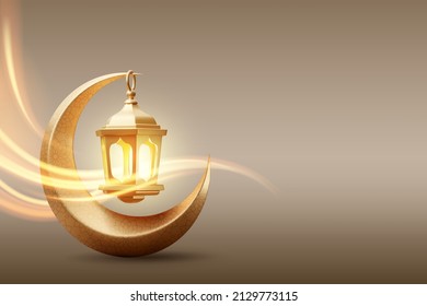 Linterna dorada ramadan kareem cuelga de luna creciente. Vector Eps 10.