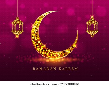 Golden Ramadan Kareem Mensajes De Texto Con Efecto Ligero Crescent Moon, Faroles Colgados En El Fondo Oscuro Del Patrón Islámico Rosa.