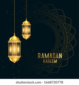 golden ramadan kareen festival card with lanterns