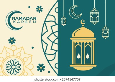 Golden Ramadan lantern with intricate patterns. Perfect for cards, posters, and more.