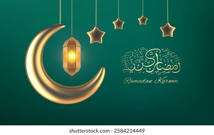 Golden Ramadan lantern vector with crescent moon and stars on green background, elegant Islamic decoration, Ramadan calligraphy, festive Eid Mubarak greeting card. Luxury spiritual design