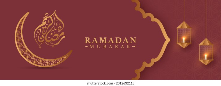 Golden Ramadan Mubarak Calligraphy With Ornament Crescent Moon And Lit Lanterns Hang On Red Islamic Pattern Background.
