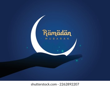 Golden Ramadan Mubarak Font With Ramadan moon in dark blue sky Background.
