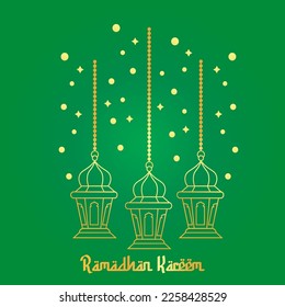 Golden Ramadhan Lantern with Green Gradient Background