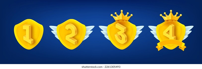 Golden rank emblems with numbers. Game achievement badges collection. 3d vector clipart