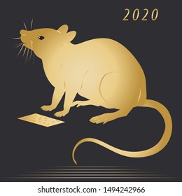 Golden rat, mouse, a slice of cheese - isolated on black background - vector. New Year 2020