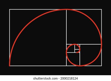 Golden ratio, color red line spiral isolated on black background. Formula Fibonacci. Vector illustration.