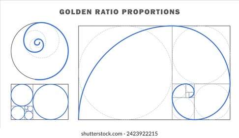 Colección de plantillas de diseño de la relación de oro. Armonía de geometría y equilibrio diferentes en la ley de la relación de oro. Espiral dorada, sección dorada