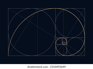 Golden ratio design template. Geometric Figure in law of golden ratio. Golden spiral, golden section, Fibonacci array, Fibonacci numbers. Vector illustration.