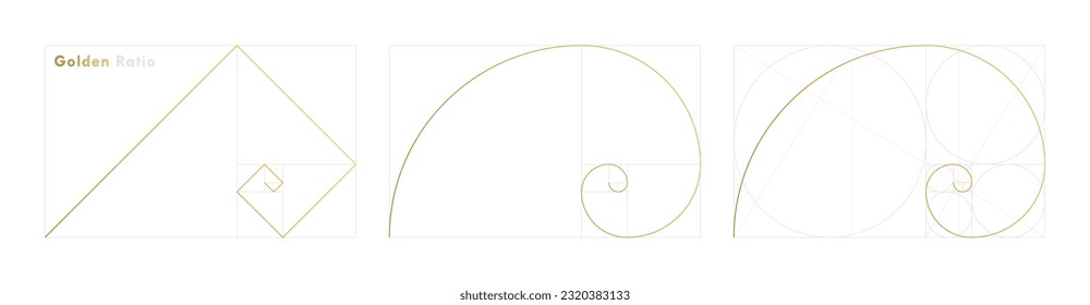 Golden ratio design template. Set of different figures and shapes in law of golden ratio. Golden spiral, golden section, Fibonacci array, Fibonacci numbers.