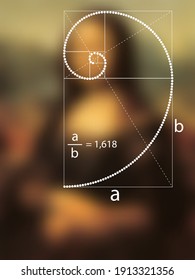 Golden Ratio in dotted line in Renaissance painting. Fibonacci Sequence geometric spiral made from quarter circles. vector isolated on color of Mona Lisa concept background 